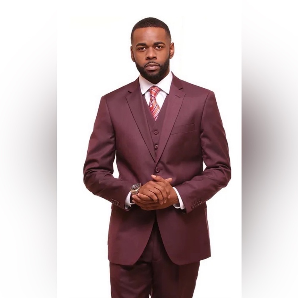 Men’s 3 piece Suit Burgundy Sharkskin with custom tie & Hankie picked by us